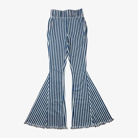 Show Me Your Mumu Womens Berkeley Bell Bottoms Striped Raw Hem Blue Size XS - Picture 3 of 14